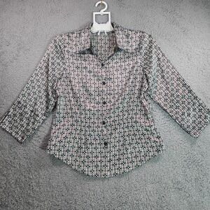 Bentley A. Shirt Top‎ Womens Size 6 Geometric Print Shiny White Brown USA - 6